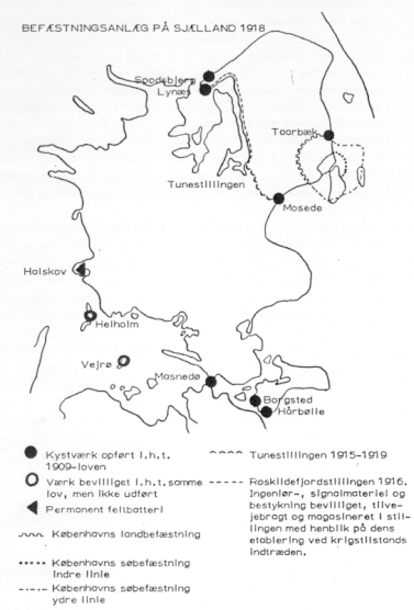 Kystbefæstningsanlæg på Sjælland 1918. Kortet viser de opførte befæstningsanlæg på Sjælland samt de ikke opførte befæstningsanlæg. På kortet ses også Tunestillingen fra Køge Bugt til Roskildefjord og placeringen af Roskildefjordstillingen, der var en forberedt forsvarsstilling langs Roskilde Fjord til Frederiksværk og Lynæs. 