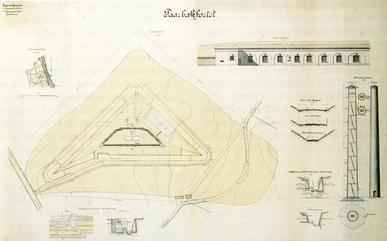 Kystfortet Taarbækfort, Dæksplan, situationsplan, del af facdeopstalt og observationsplan 1916 - Rigsarkivet